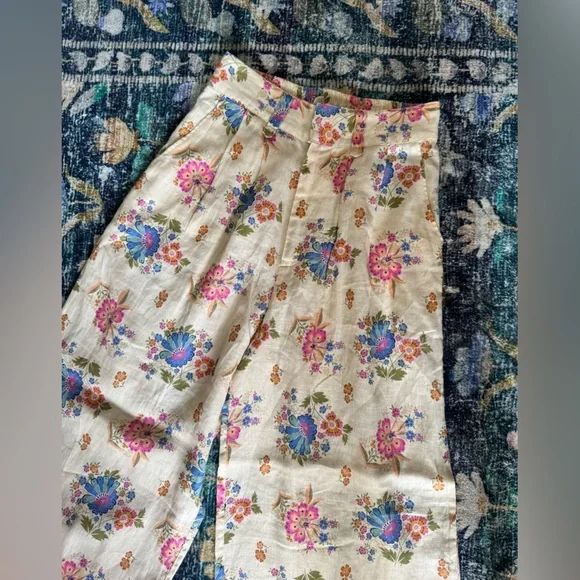 Spell Solstice Floral Wide-Leg Linen Pants - Cream and Pink